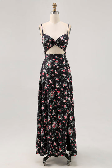 Vestido de invitada de boda largo recortado de flores negras